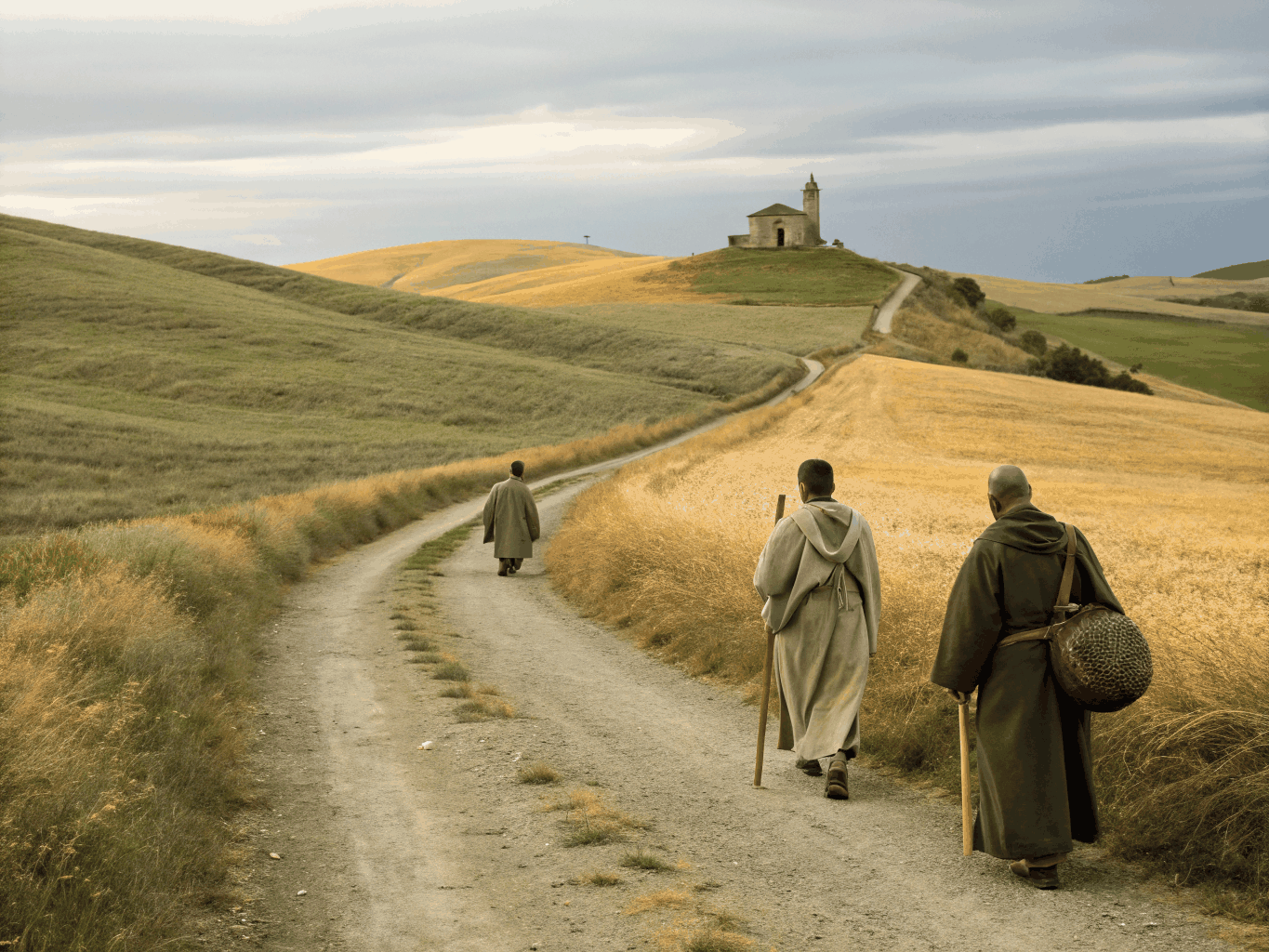 Dusty path winding through the Spanish countryside at golden hour