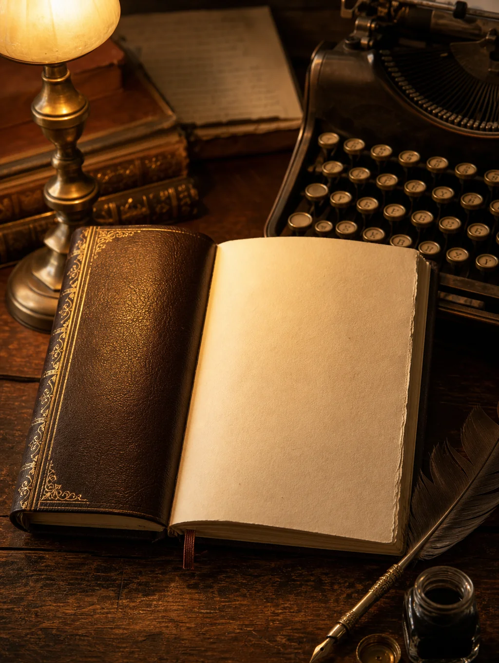 Handwritten journal notes and a leather-bound book on a wooden table